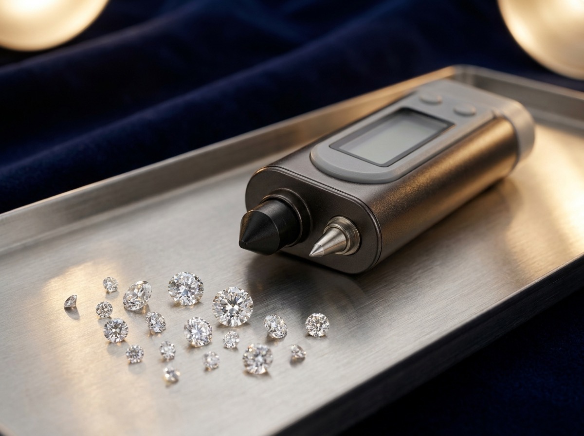Diamond-type verification screening instrument with loose melee diamonds on a tray, used to confirm natural origin before a parcel ships