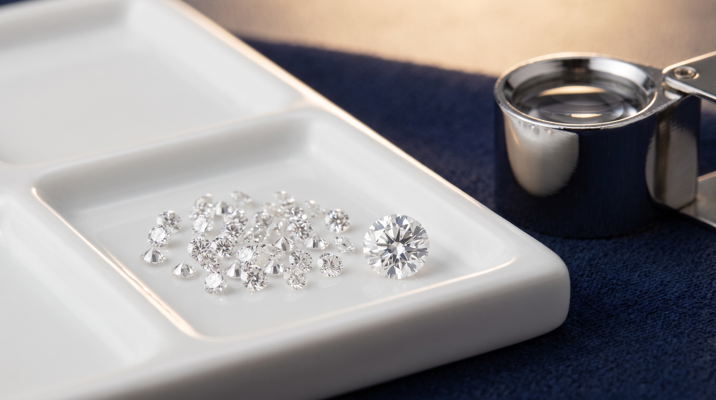 natural melee diamonds graded against a master stone on a sorting tray — Guru Diam wholesale natural melee diamonds