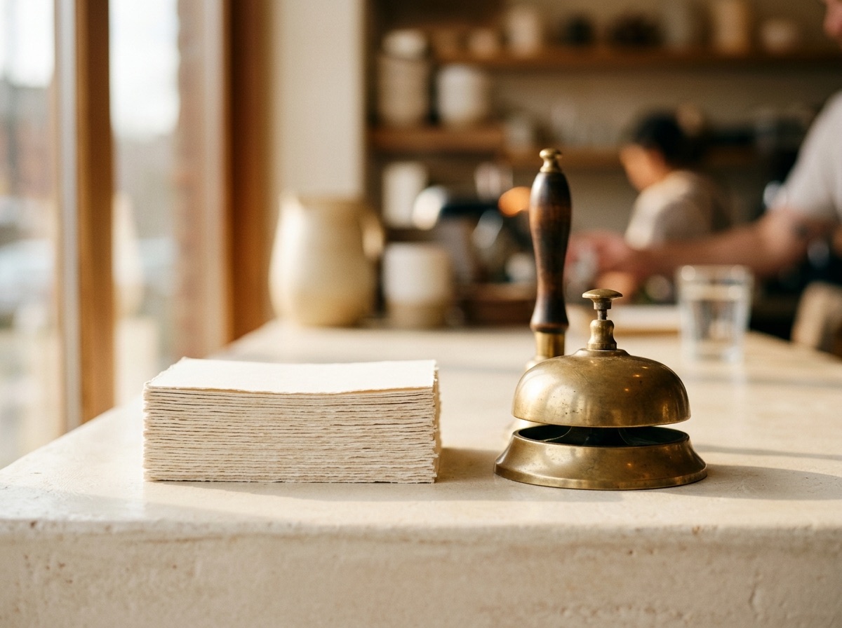 Stack of brass jewelry display trays on a cream marble retail counter in soft daylight