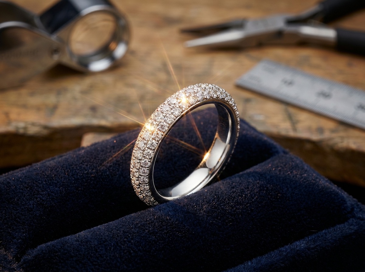 Finished pavé diamond eternity band set with natural melee diamonds on navy velvet