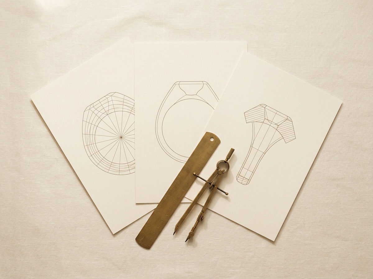 Slim monitor on a cream desk displaying an abstract wireframe grid render of a ring band, brass ruler at the edge of frame