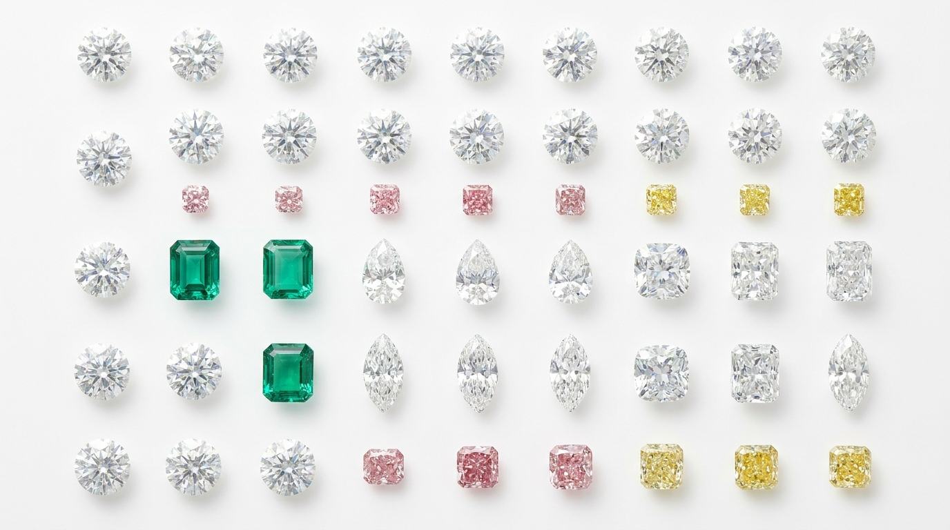 Wide variety of diamond shapes including round brilliant, emerald cut, pear, marquise, cushion, and small fancy-color pink and yellow stones arranged in a grid