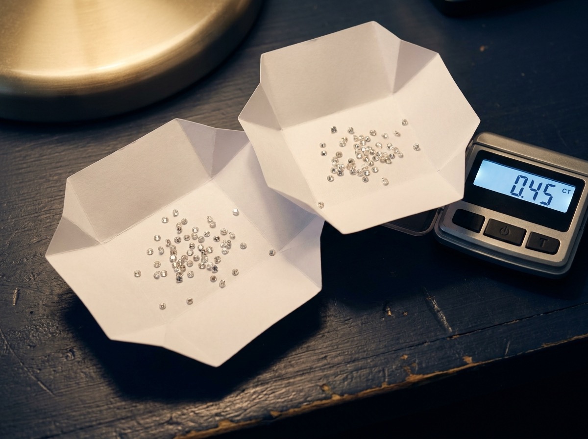 Two small folded diamond parcel papers side by side on a jeweler's trade desk next to a digital carat scale, representing separate natural and lab-grown melee orders