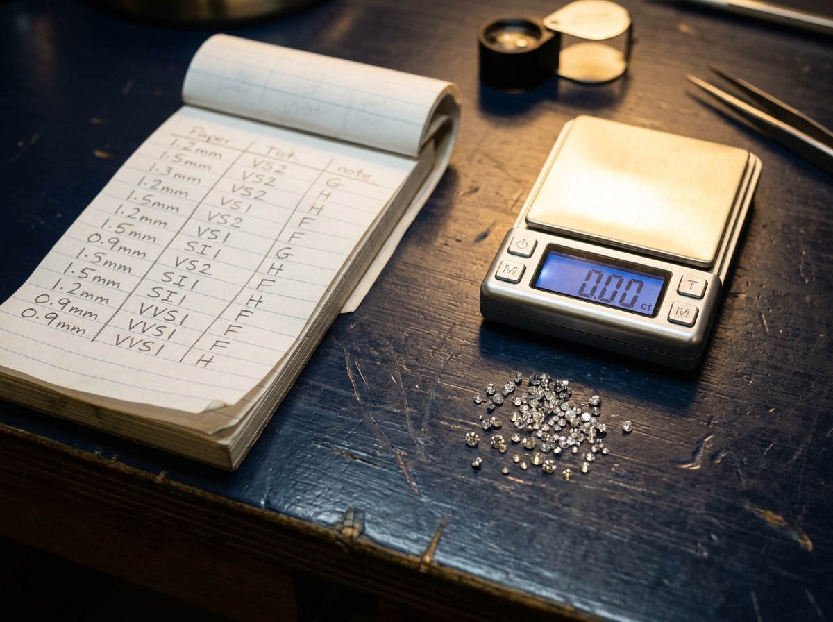 A jeweler's notepad with millimeter size and grade specifications being written next to a digital carat scale and loose melee diamonds on a trade desk