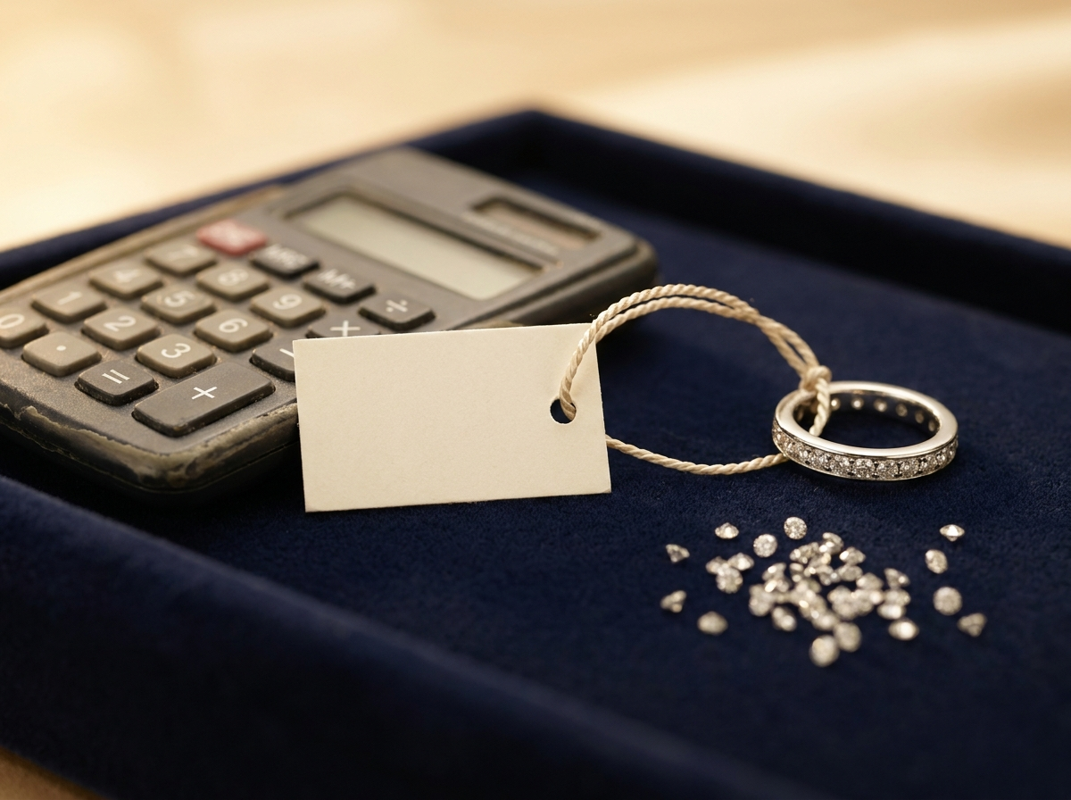 Jewelry price tag on a finished diamond eternity band with a calculator and loose melee diamonds on navy velvet