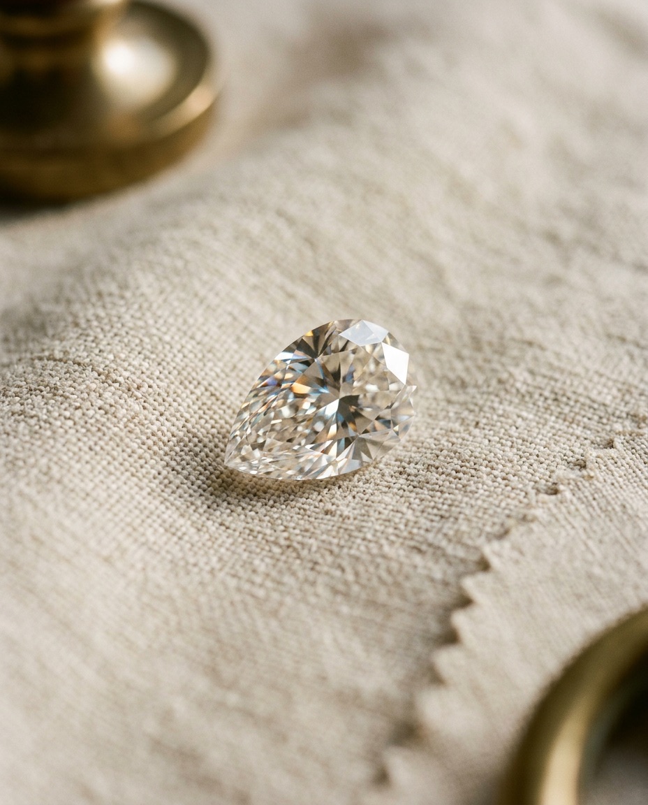Fancy color pear shape diamonds in yellow and pink arranged on cream linen with warm studio light