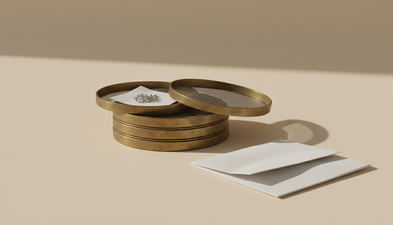 Stack of brass-rimmed diamond sieve plates with a parcel of melee diamonds on white parcel paper