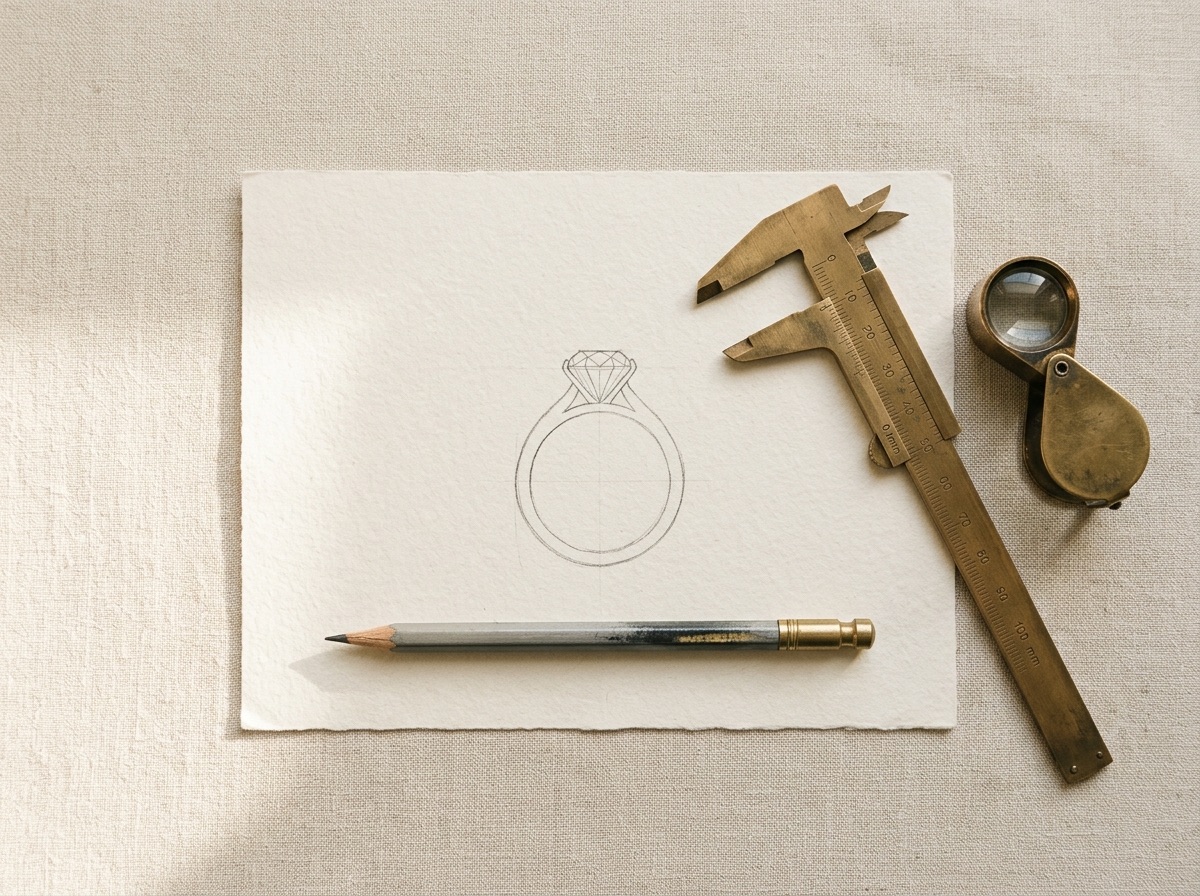 Gold wire coils, a wax-carving tool, and a brass loupe on a cream marble surface