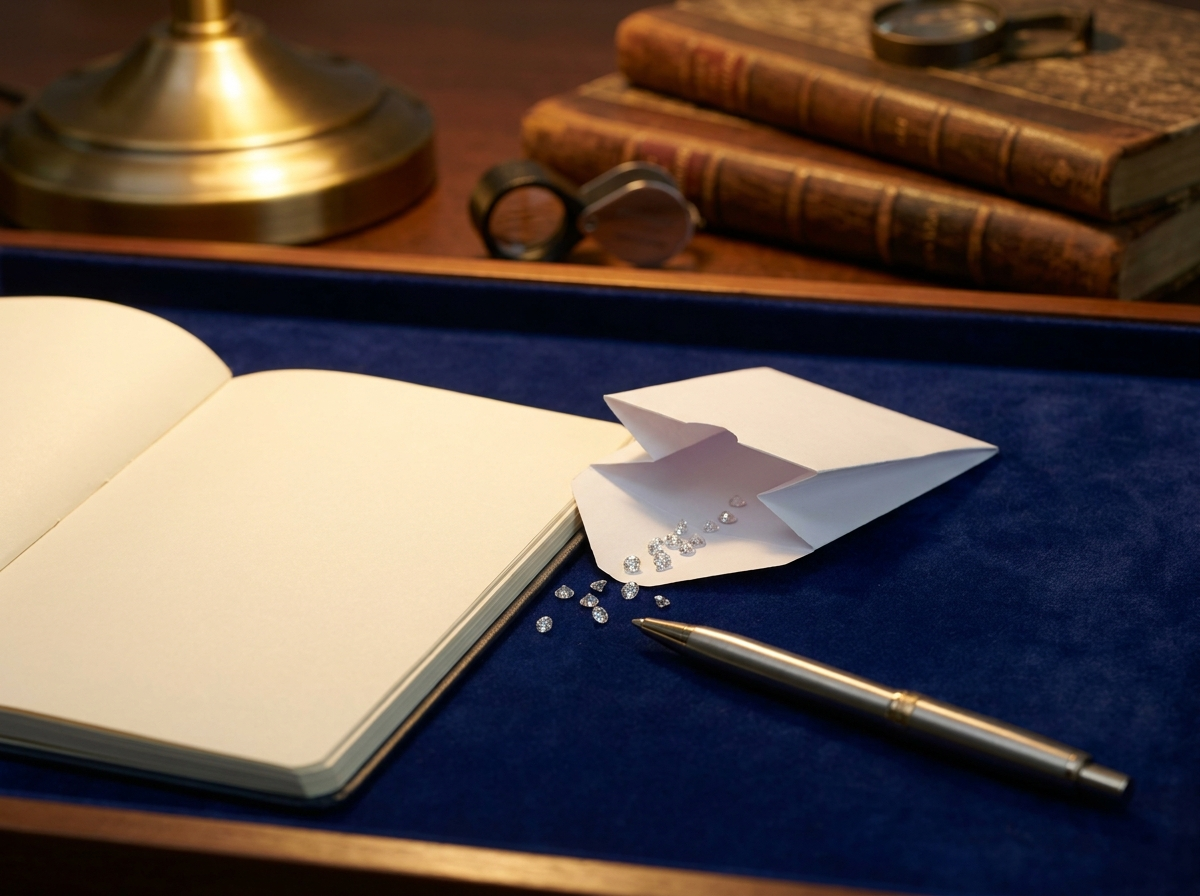 A diamond parcel paper and jeweler's notepad on a trade desk, representing sourcing documentation and disclosure recordkeeping