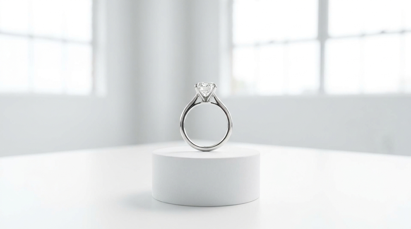Several finished diamond engagement rings displayed upright on a minimalist white pedestal in a bright modern showroom