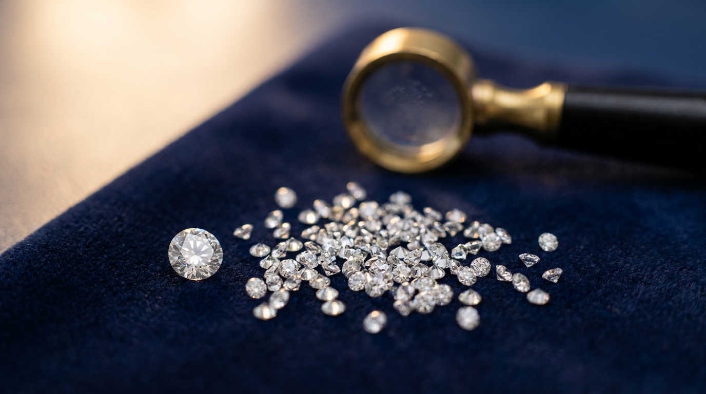 A loose parcel of natural round melee diamonds beside one larger loose diamond on navy velvet, showing the size contrast between certified and uncertified goods