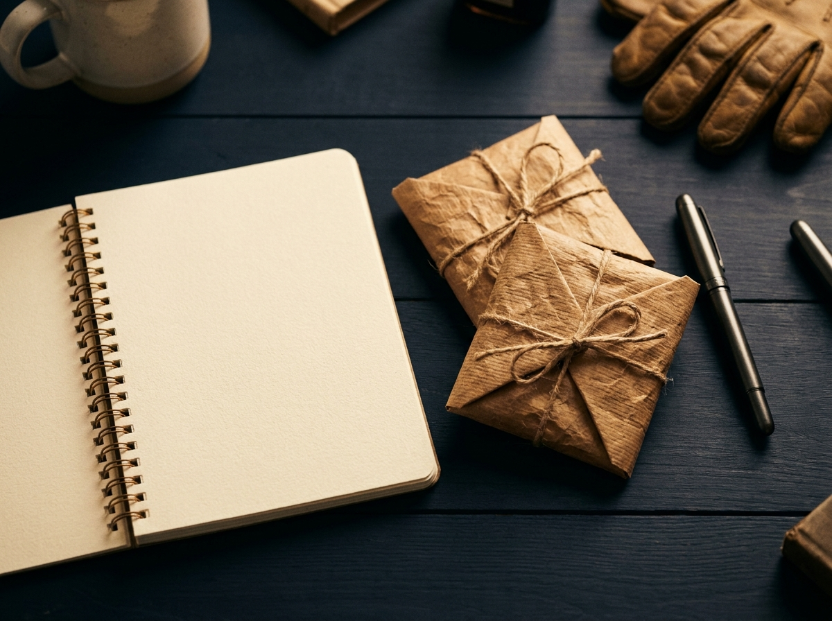 trade desk notepad with melee diamond order specifications and folded diamond paper packets, editorial still life