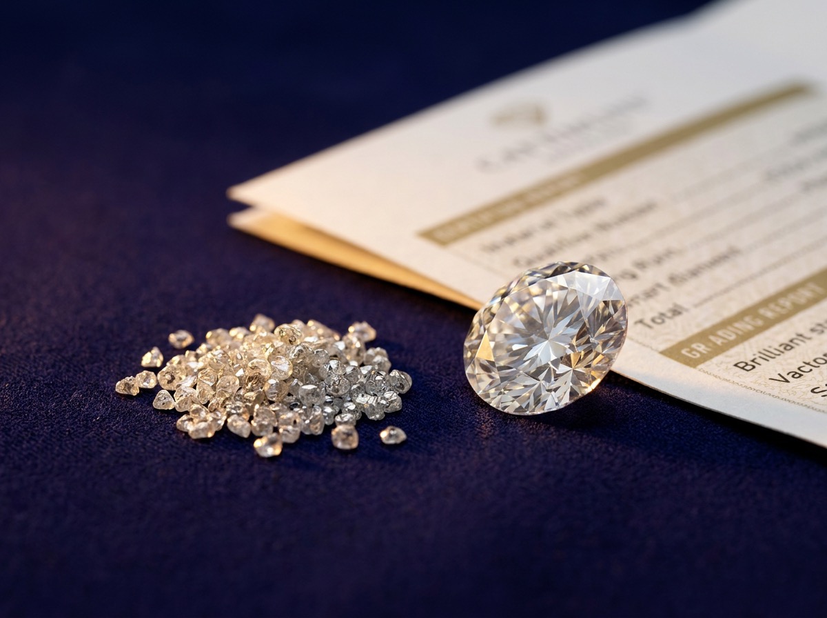 Close-up comparison of small natural melee diamonds in a parcel next to one loose certified diamond with a printed grading report