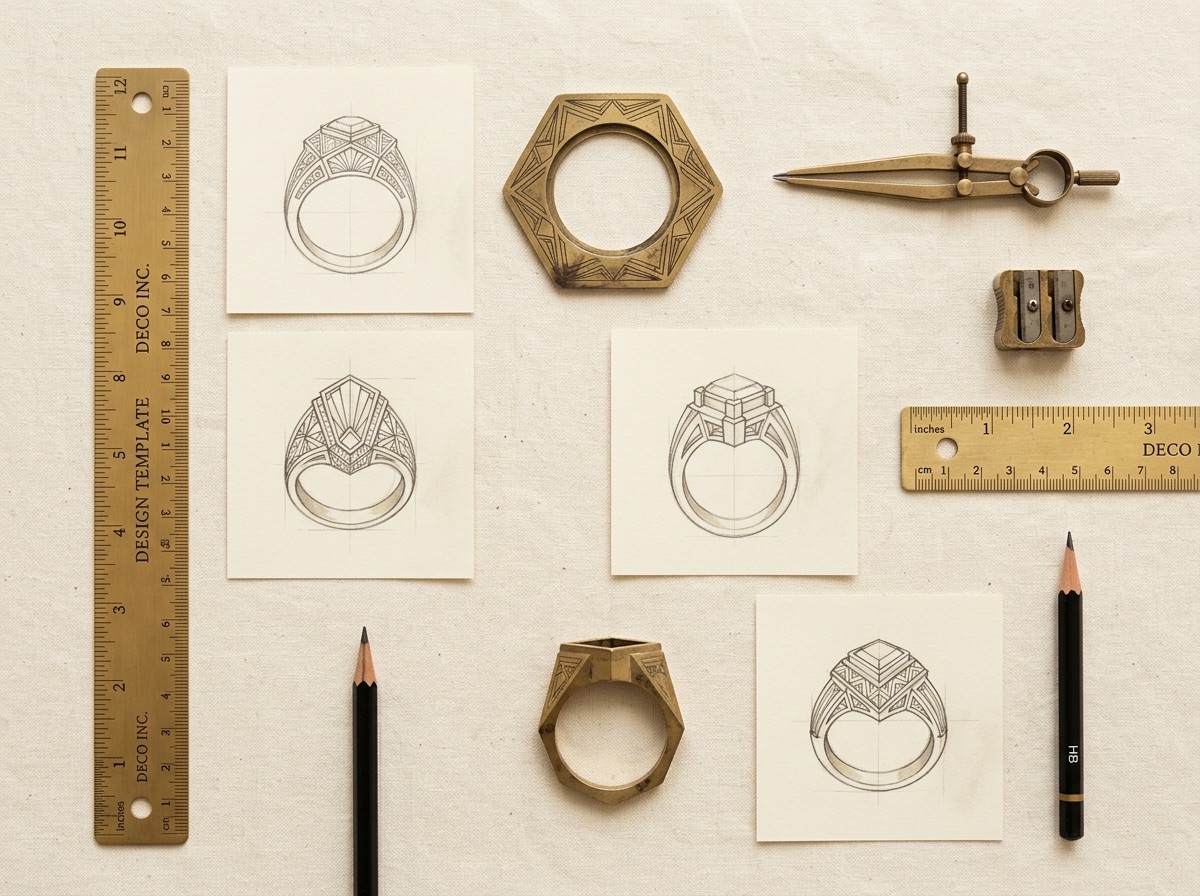 Symmetrical flat-lay of geometric ring sketches and metal setting templates on a cream backdrop