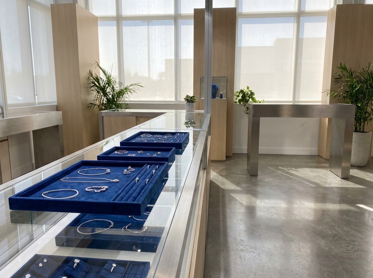 A modern showroom interior with velvet diamond display trays on a glass counter under soft daylight