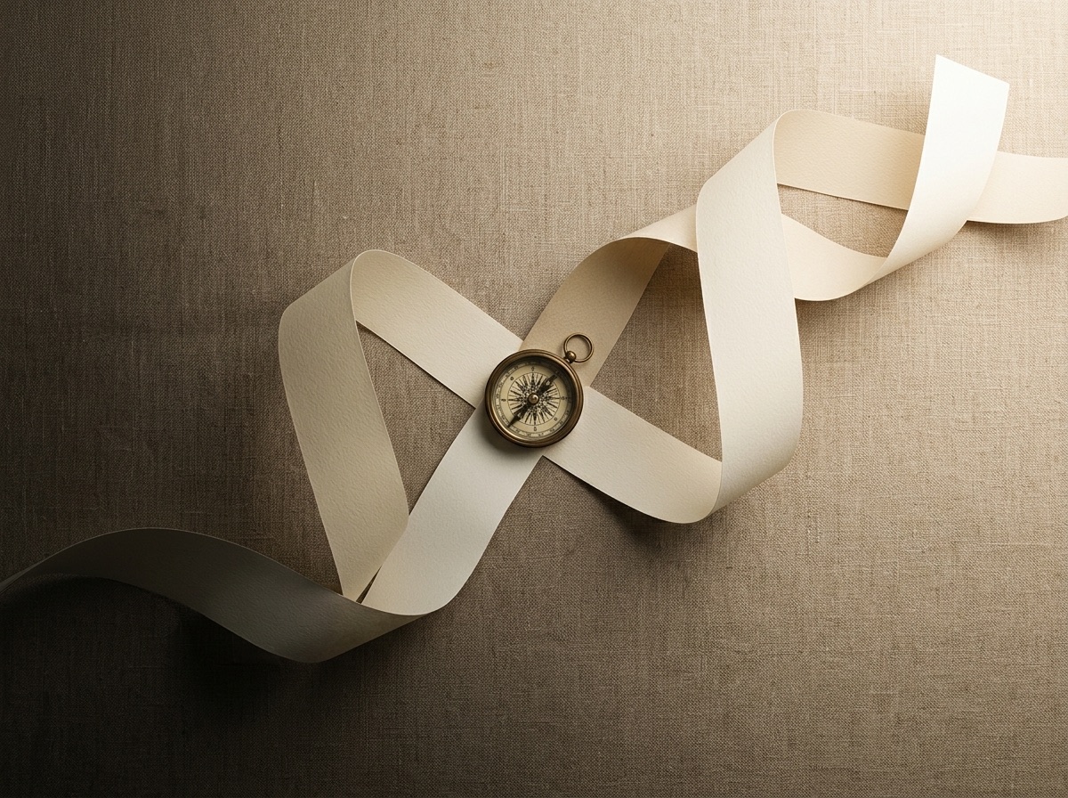 Two diverging cream ribbon paths with a brass compass marking the fork, representing the transition decision checklist