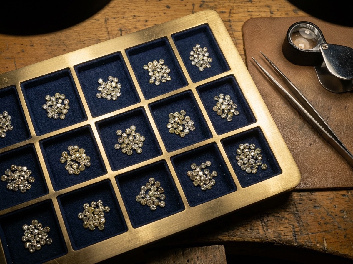 natural melee diamond sorting tray showing EF and GH color VS and SI clarity grades for eternity band ordering