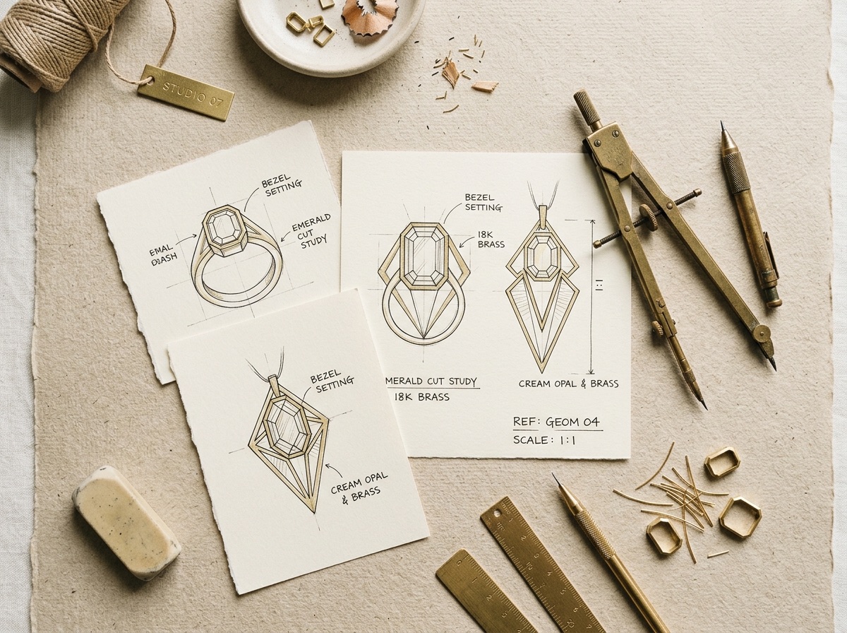 Color-reference swatches and a grading worksheet laid out beside a jeweler's scale on an oat-toned desk