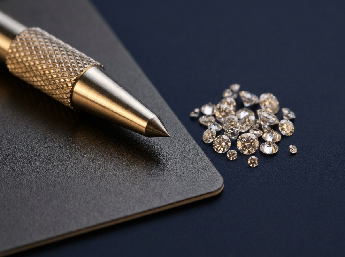 Macro photograph of a diamond point testing tool beside loose melee diamonds on a hardness comparison card
