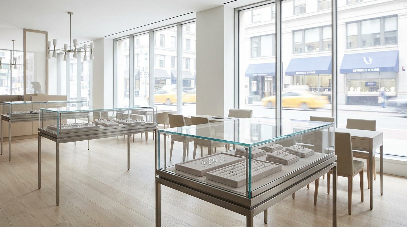 Bright contemporary jewelry trade showroom with display cases of loose diamonds and rings and a blurred New York City street visible outside