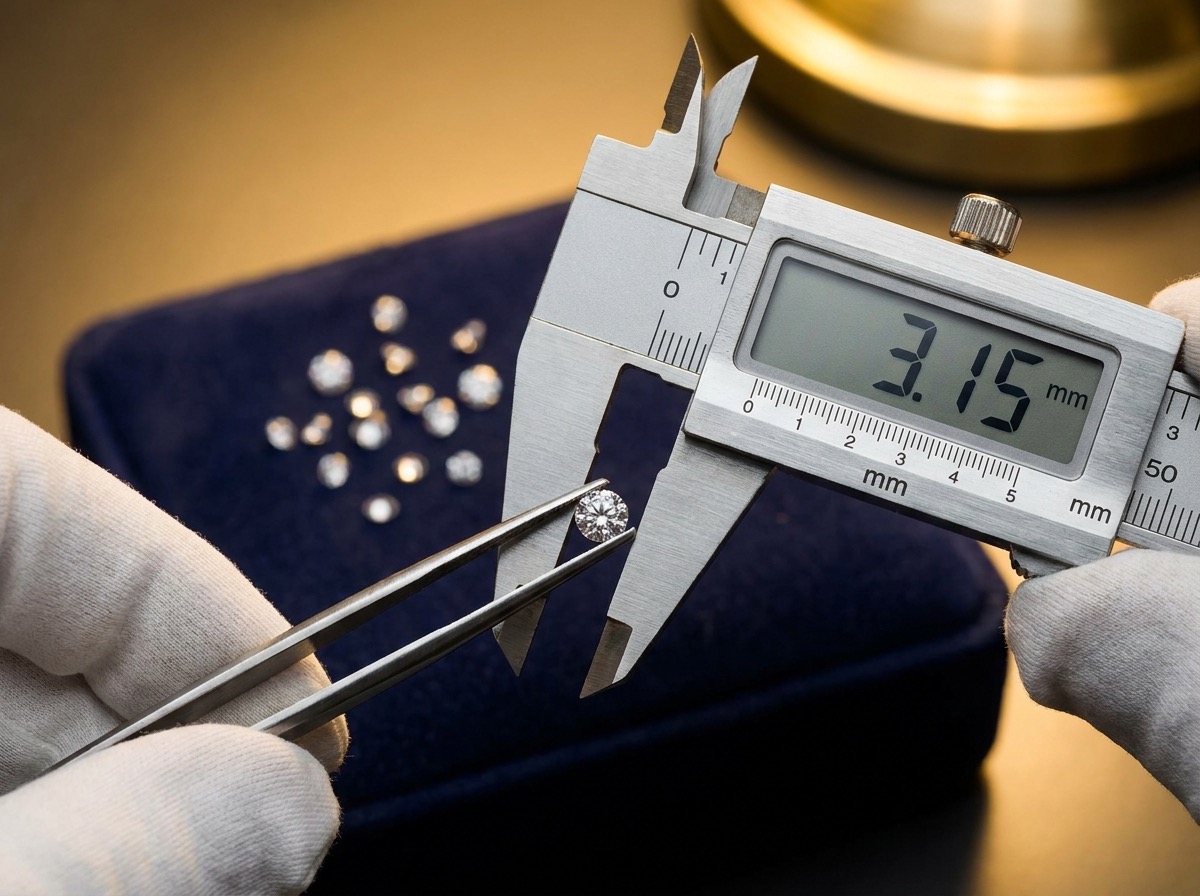 Millimeter gauge measuring a single loose round natural melee diamond held with tweezers