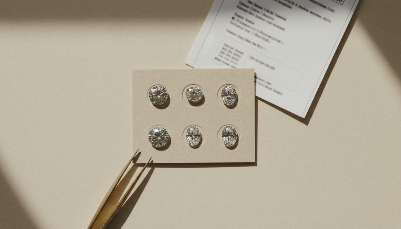 Six loose certified lab-grown diamonds arranged in a precise grid on a bone-colored card with brass tweezers