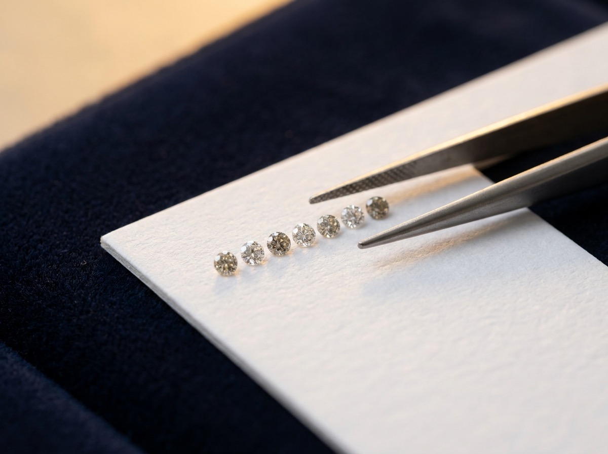 Macro comparison shot of natural melee diamonds sorted against a white grading card, illustrating color grade evaluation at wholesale scale