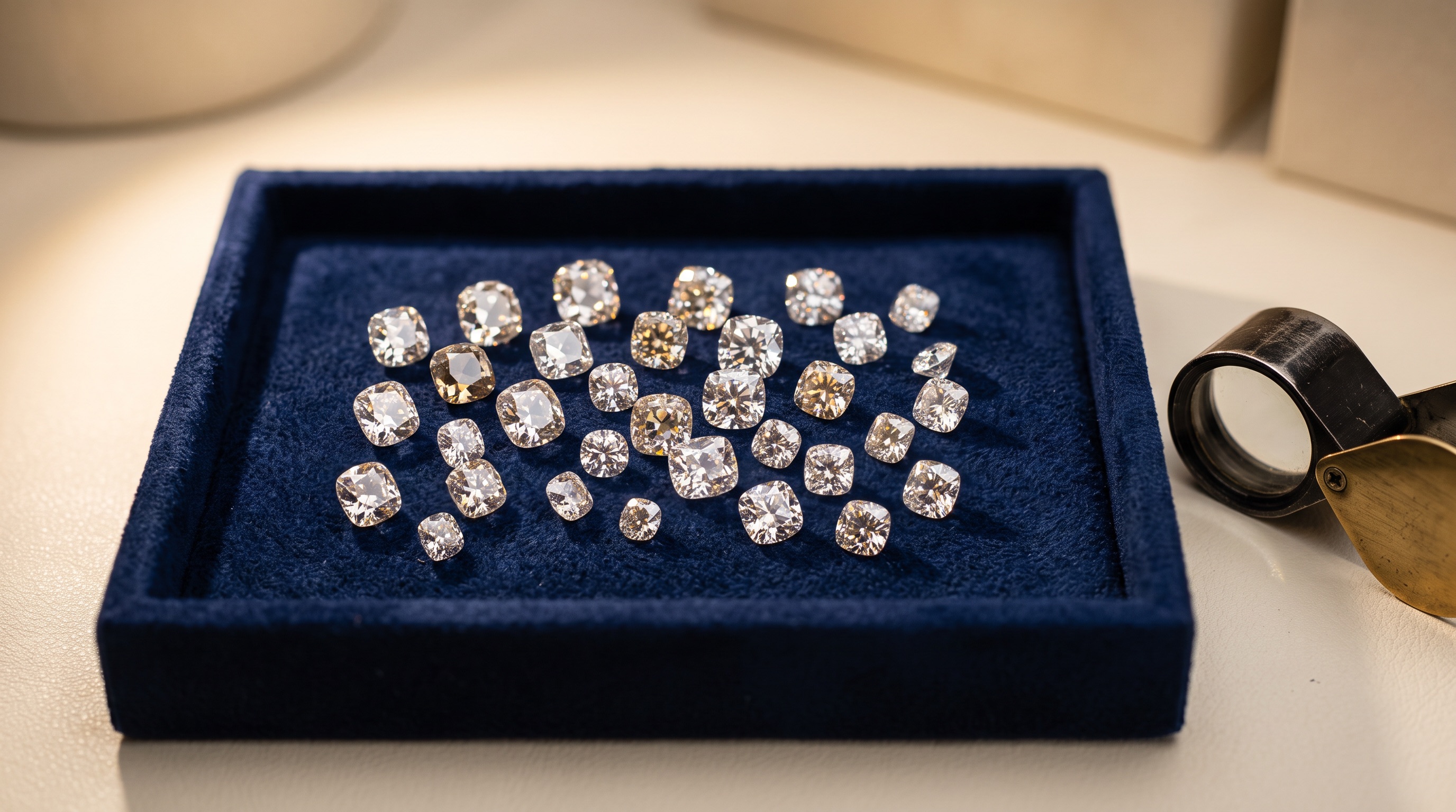 Antique cushion cut and Old Mine cut diamonds side by side on cream linen showing outline and facet differences