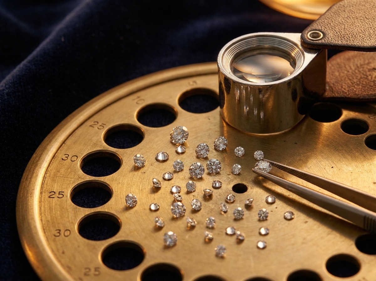 Natural melee diamonds being size-sorted on a graduated sieve plate with a jeweler's loupe on navy velvet