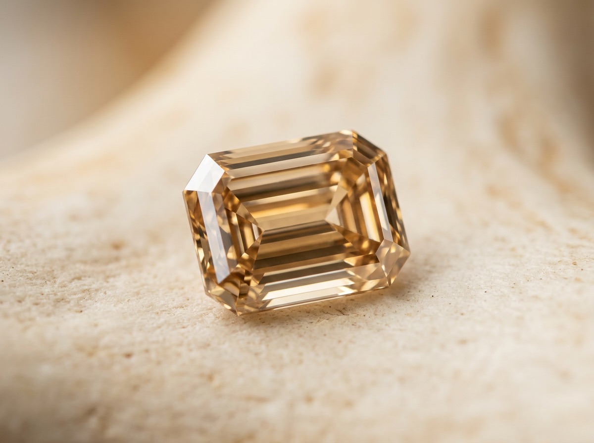 Champagne diamond ring in yellow gold vintage-inspired setting on cream linen background