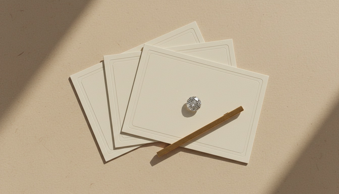 Three blank cream grading report cards fanned out with a single loose round brilliant diamond resting on top