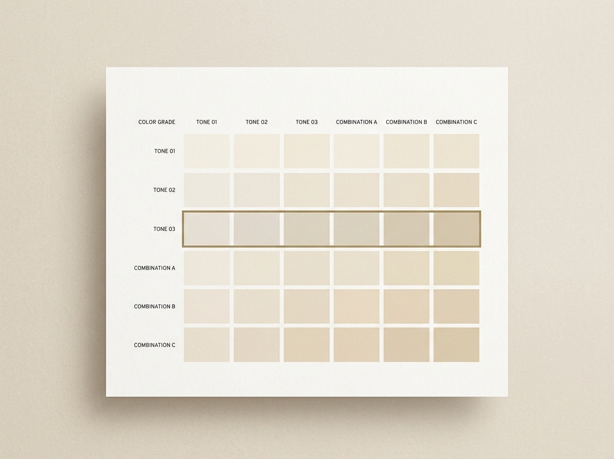 Abstract grid matrix reference card of grade-combination swatches in cream, bone, and champagne tones with one row highlighted in a brass frame