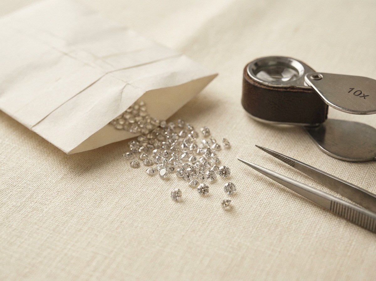 Close-up of calibrated melee diamonds sorted by size on a grading tray for eternity band matching
