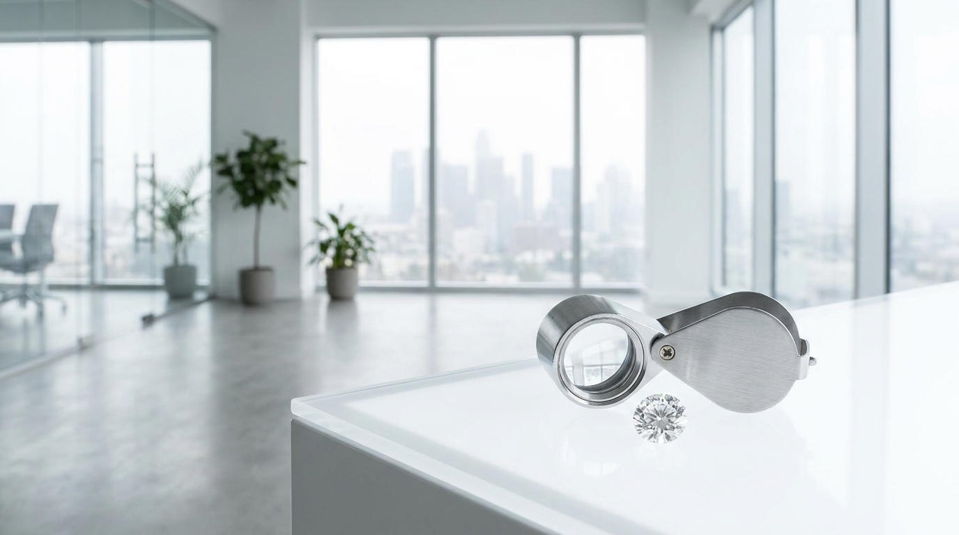 Jewelry trade professional examining a loose diamond with a jeweler's loupe over a white light table in a bright contemporary showroom