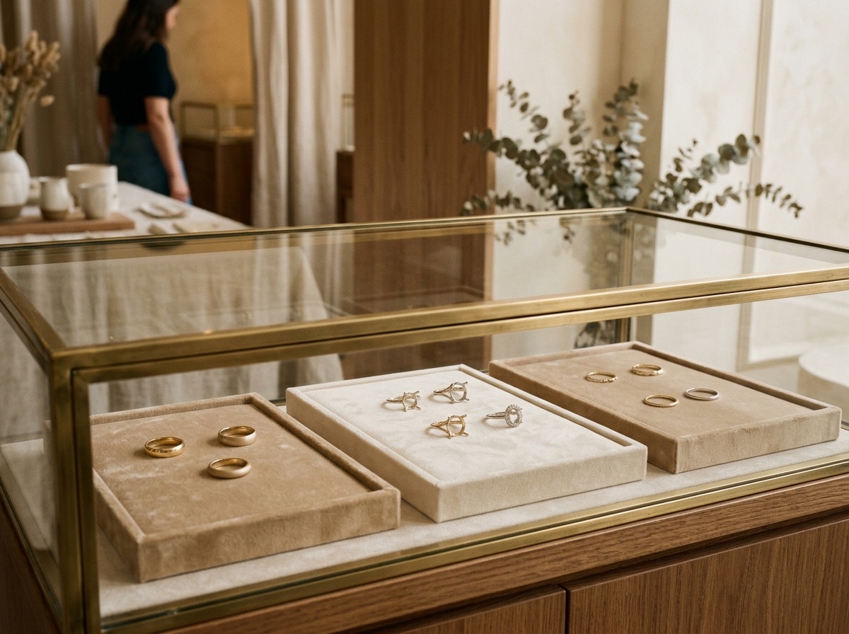 An editorial overhead photo of a jeweler's workbench with a loupe, hand tools, and a tray of ring settings on a linen cream backdrop with brass accents