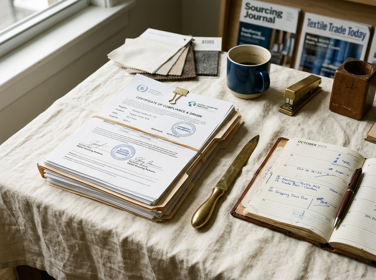 Overhead flat lay of a jeweler's loupe and a hand-drawn round brilliant facet diagram styled on warm linen