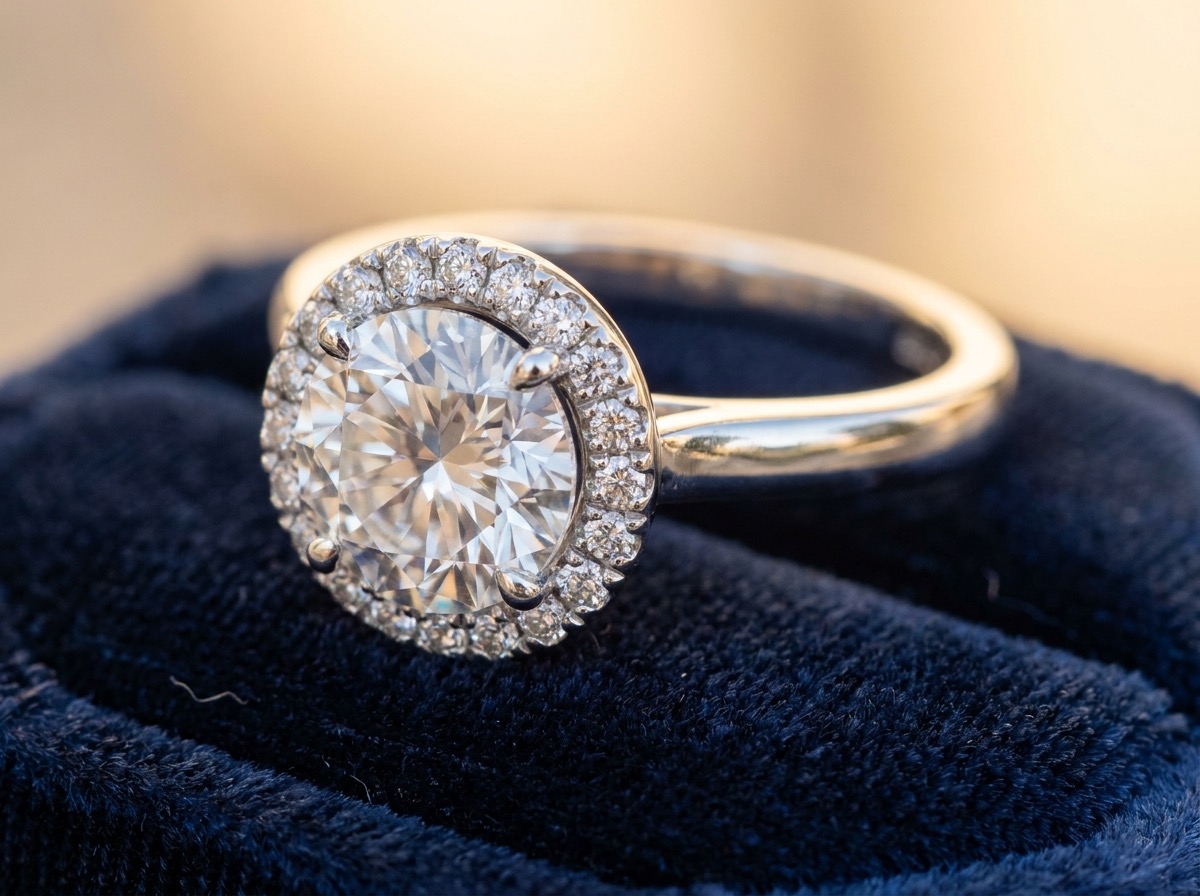 Platinum halo engagement ring set with white EF color natural melee diamonds around a colorless center stone, on navy velvet with champagne-gold lighting