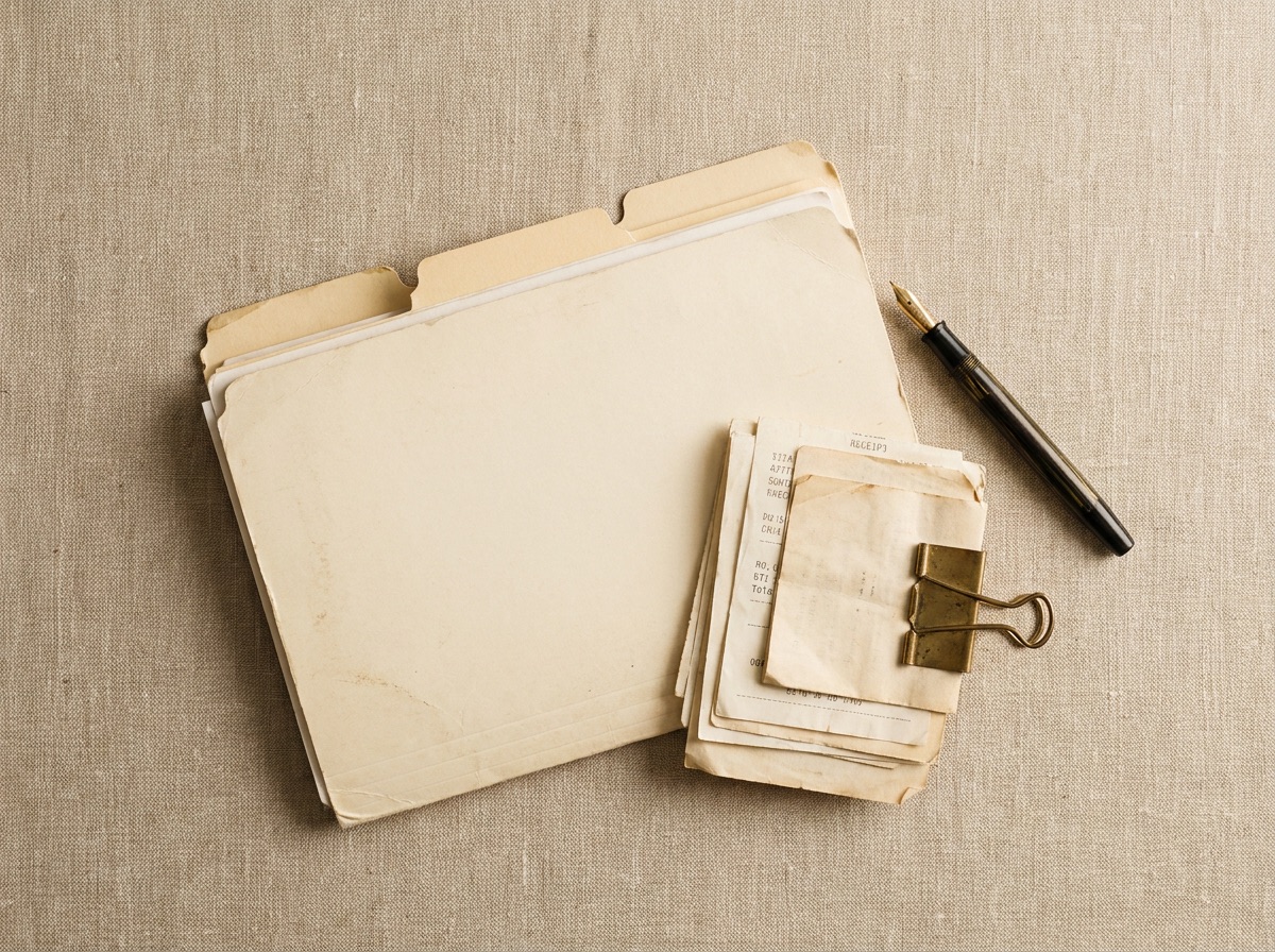 Editorial flat lay of a retailer's internal record-keeping system with an accordion folder, receipts, and a brass clip