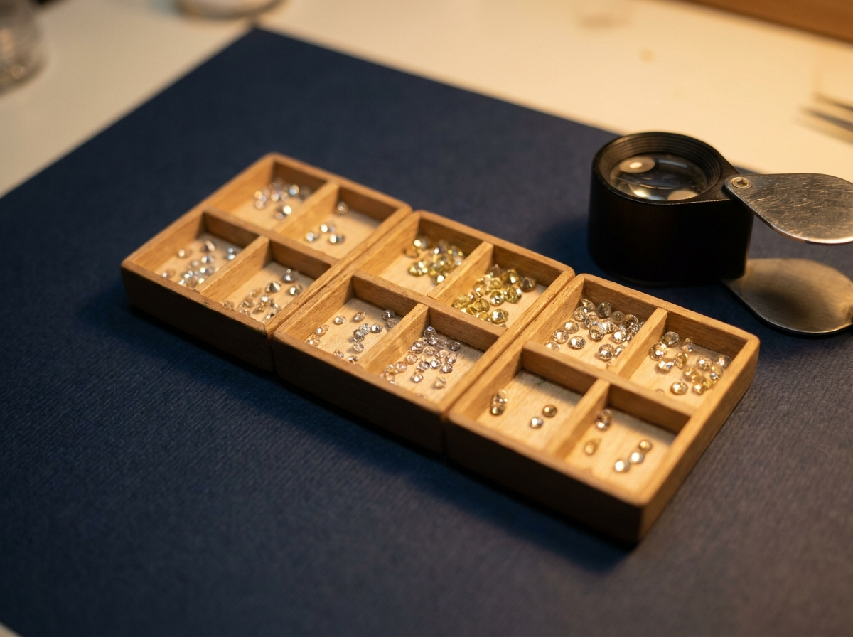 Three small trays of loose round melee-size stones side by side on navy trade paper for comparison, with a diamond loupe resting nearby
