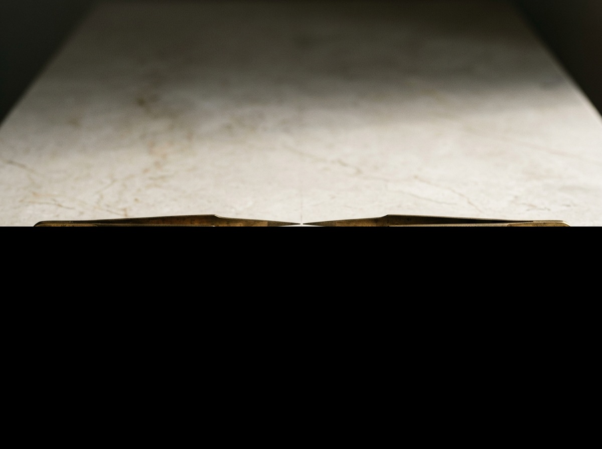 Two brass loupes mirrored on either side of a folded cream velvet tray, symbolizing side-by-side grading of a matched pair