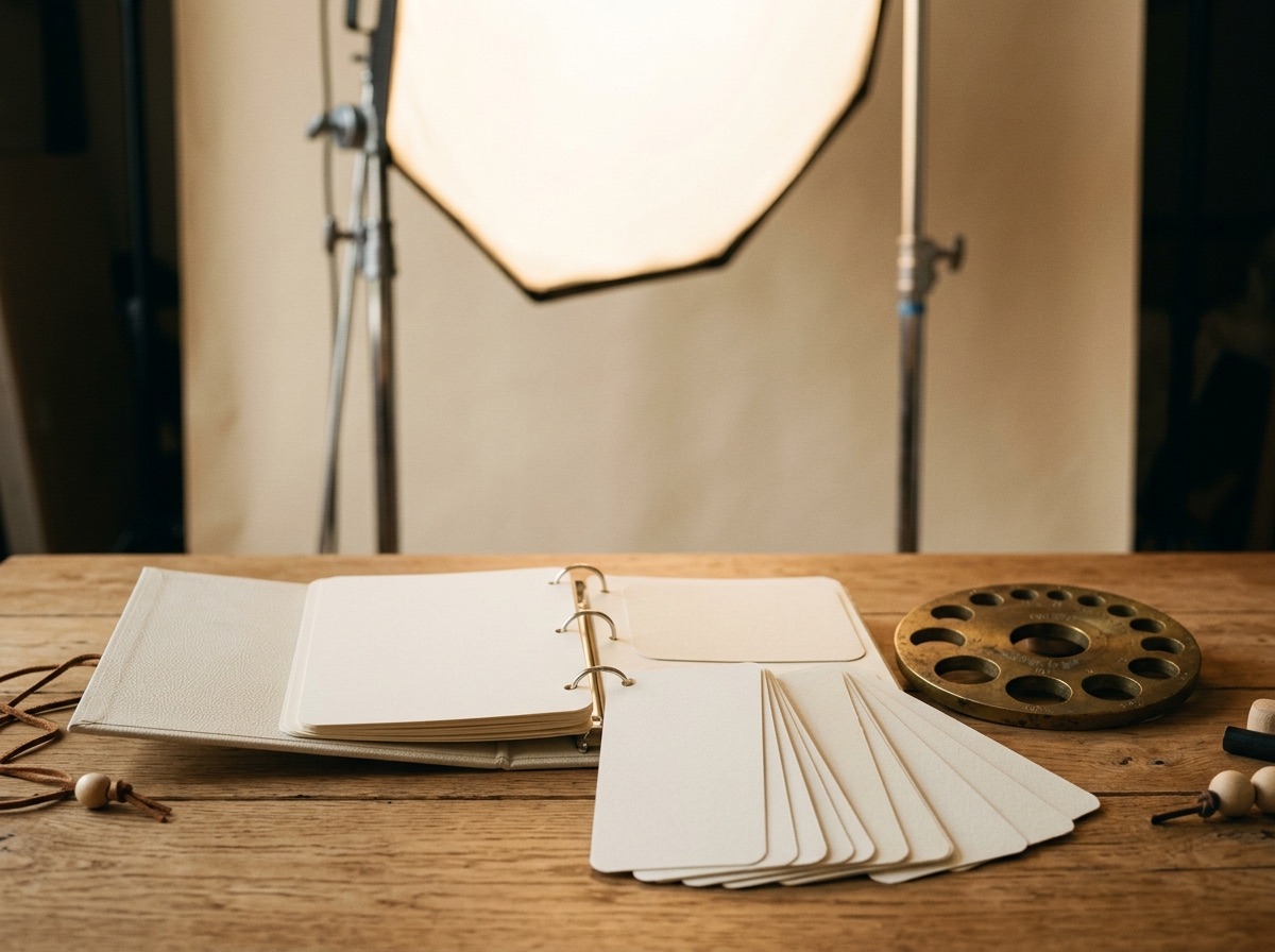 Photography studio setup with a catalog binder and ring sizer