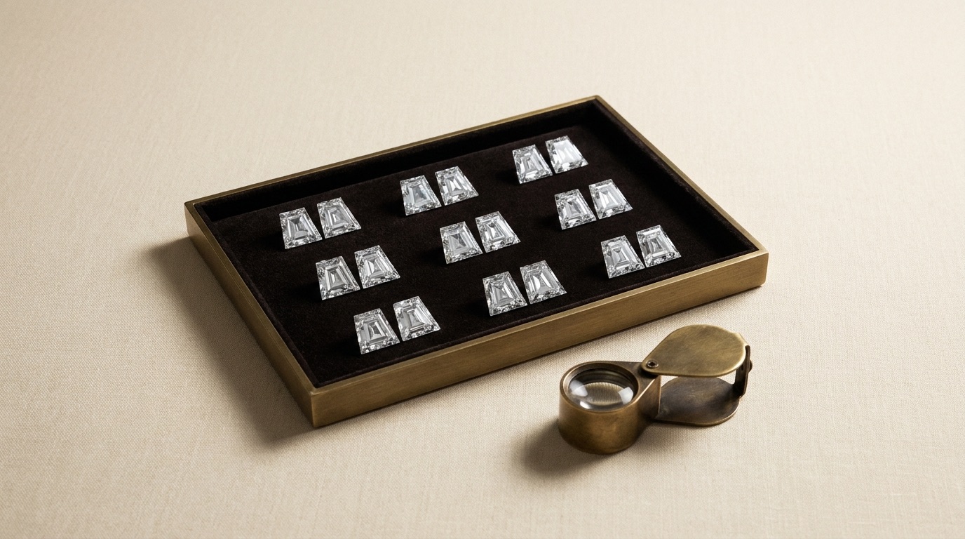 Gemologist reviewing calibrated diamond side stones with a loupe on a jeweler's cloth