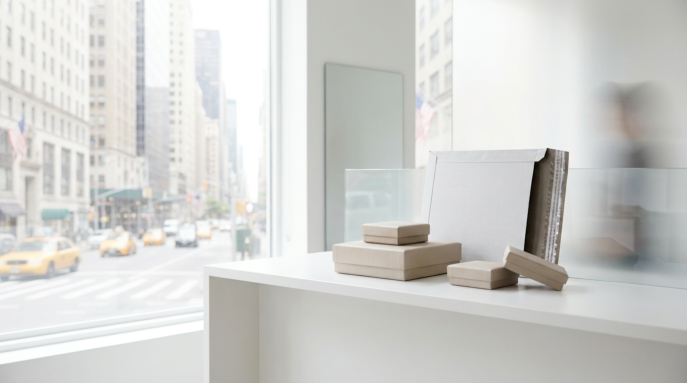 Small secure shipping parcels staged on a clean white counter in a jewelry trade office with a blurred Manhattan street visible through the window