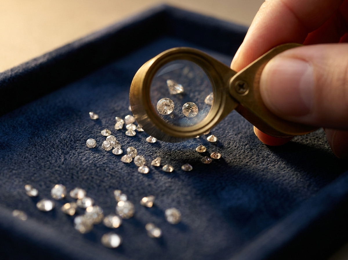 Jeweler's loupe held above a small pile of loose natural melee diamonds on navy velvet, inspecting clarity