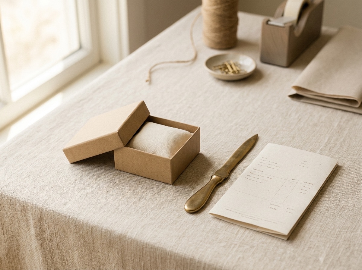 Unbranded fulfillment and packing desk with a plain kraft box