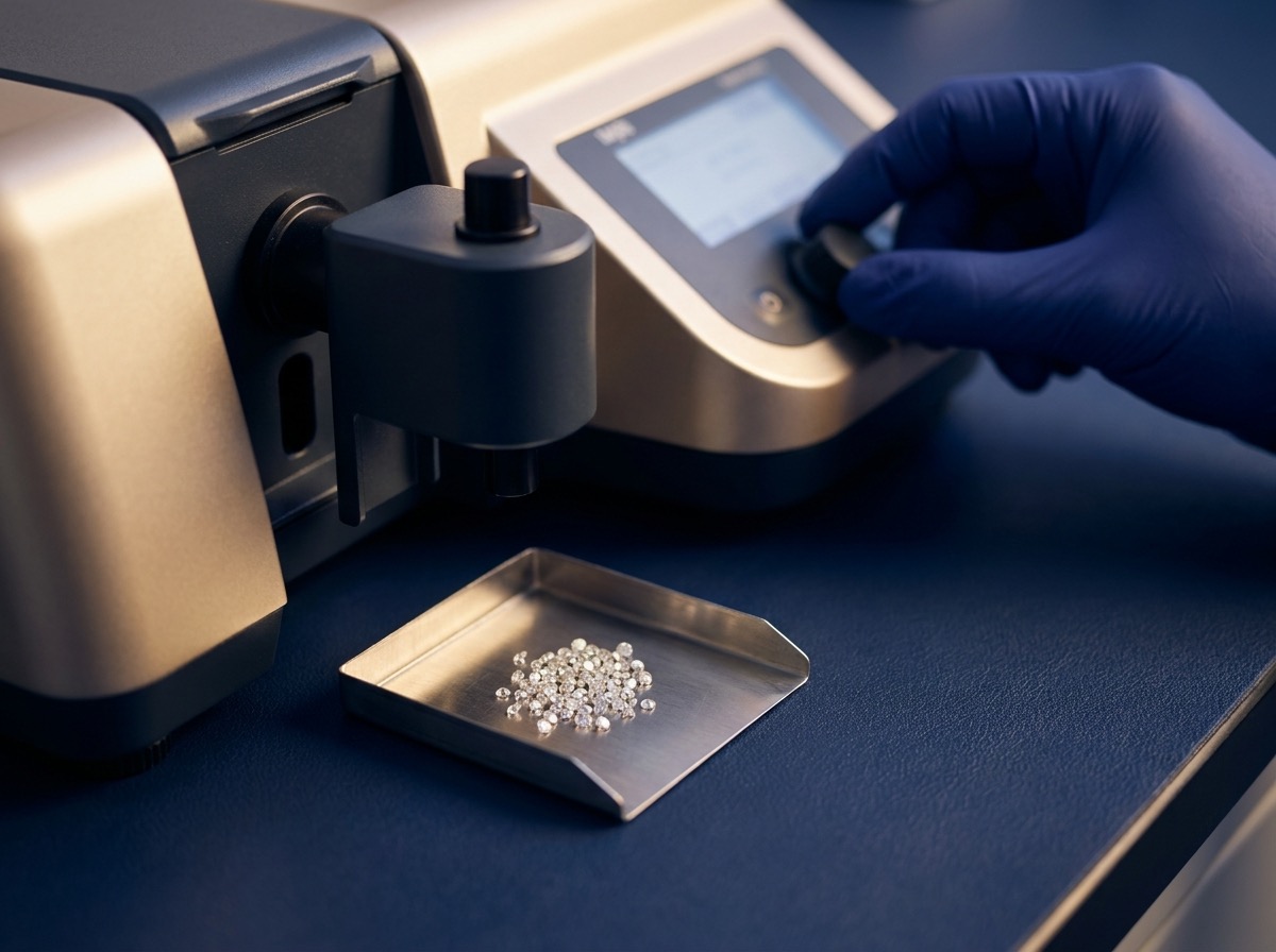 Tray of loose melee diamonds positioned under a benchtop spectroscopy screening instrument in a gem lab setting