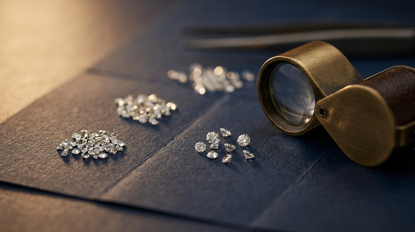 Loose natural melee diamonds in EF and GH color bands laid out on a sorting paper under a jeweler's loupe, navy and champagne-gold trade editorial lighting