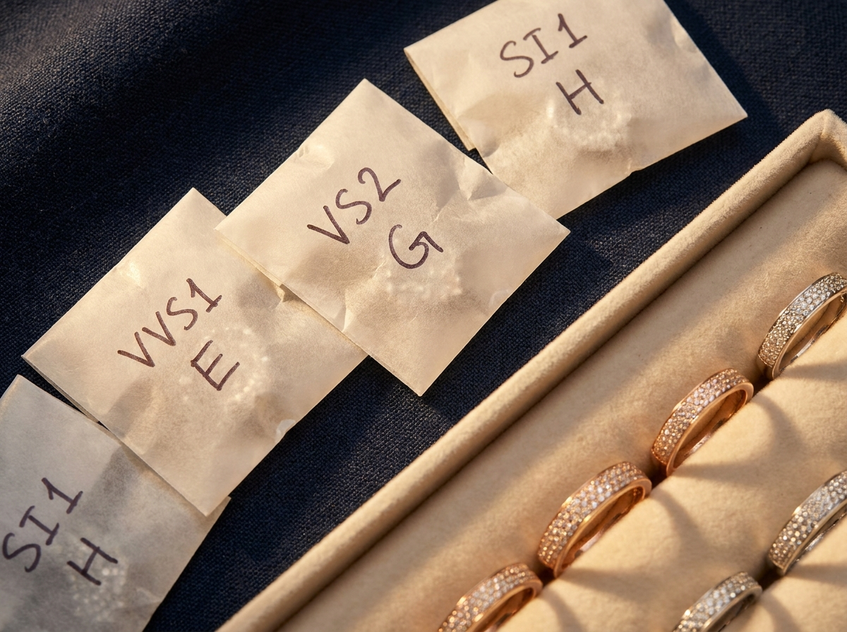 Jeweler sorting small folded paper parcels of natural melee diamonds by grade next to a tray of pavé-set jewelry, navy and champagne-gold editorial lighting