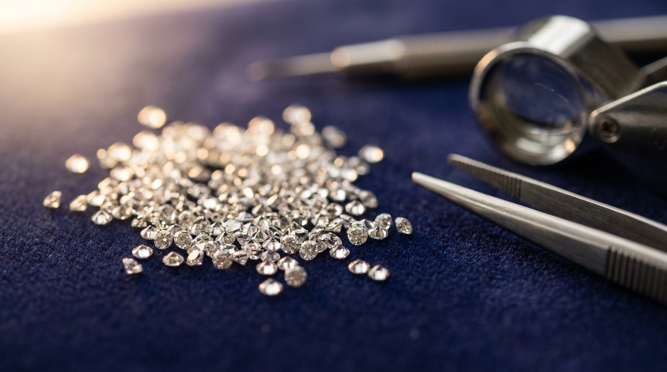 Loose round natural melee diamonds in a wholesale parcel on navy velvet with tweezers and a loupe