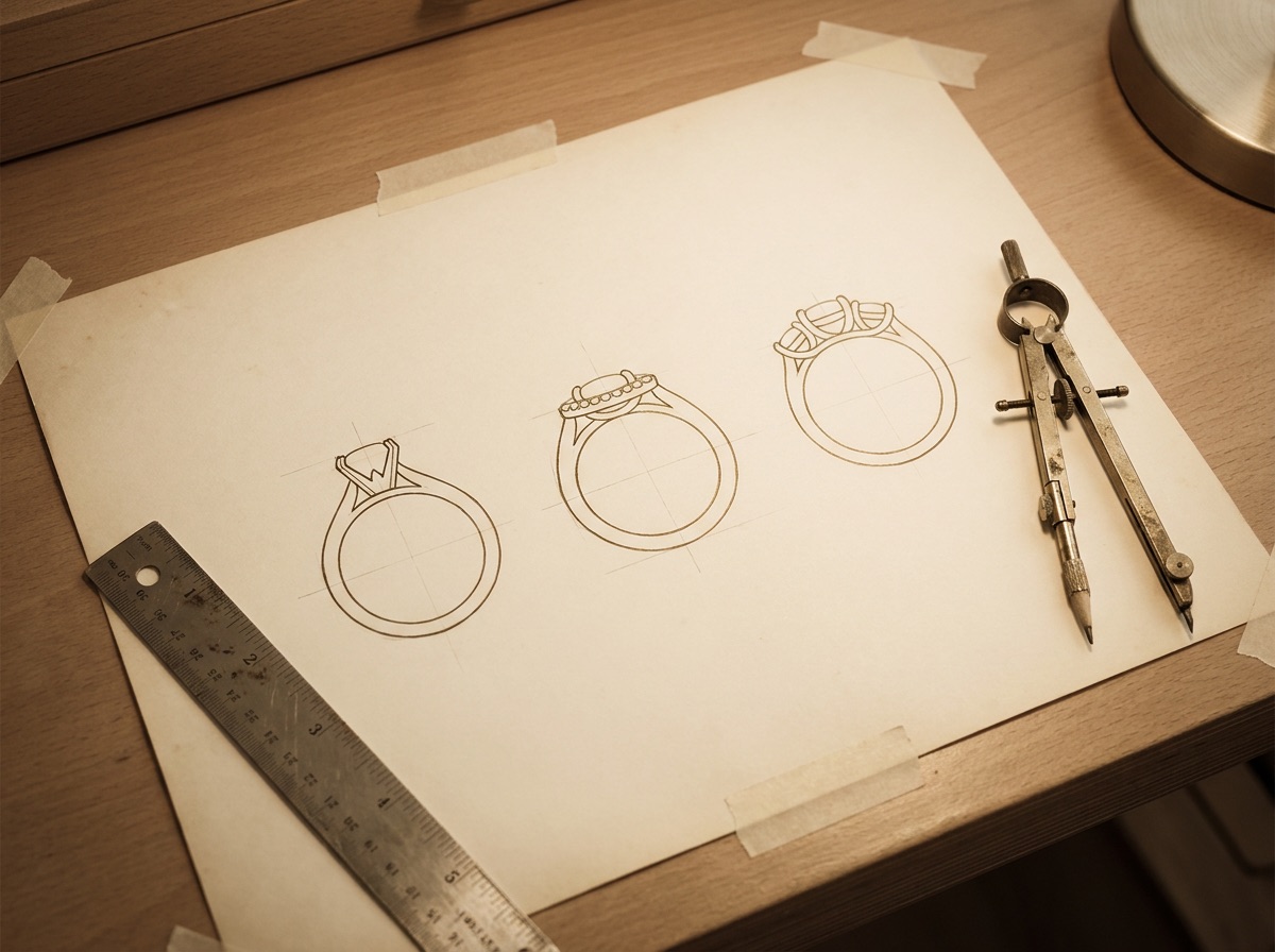 Line-art comparison chart of round, oval, cushion, emerald, and radiant diamond shape outlines with facet proportions labeled